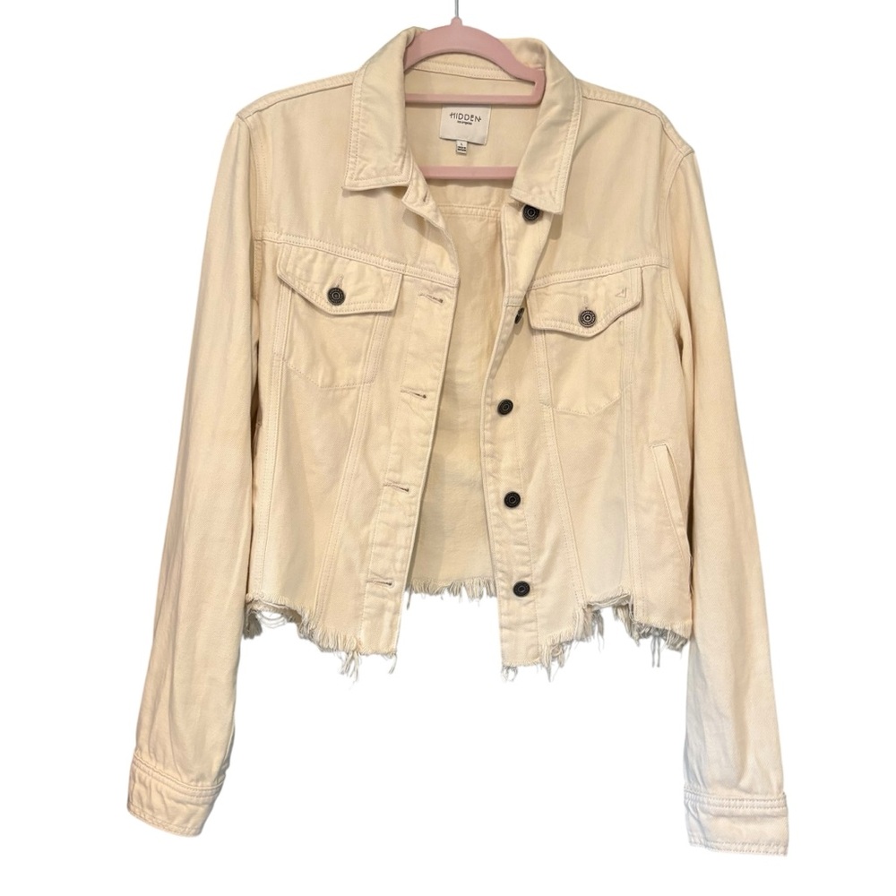HIDDEN JEANS Rebel Fray Hem Denim Trucker Jacket in Cream, Sz L - Picture 13 of 16